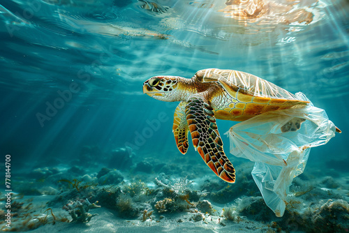 Turtle in the sea with plastic garbage
