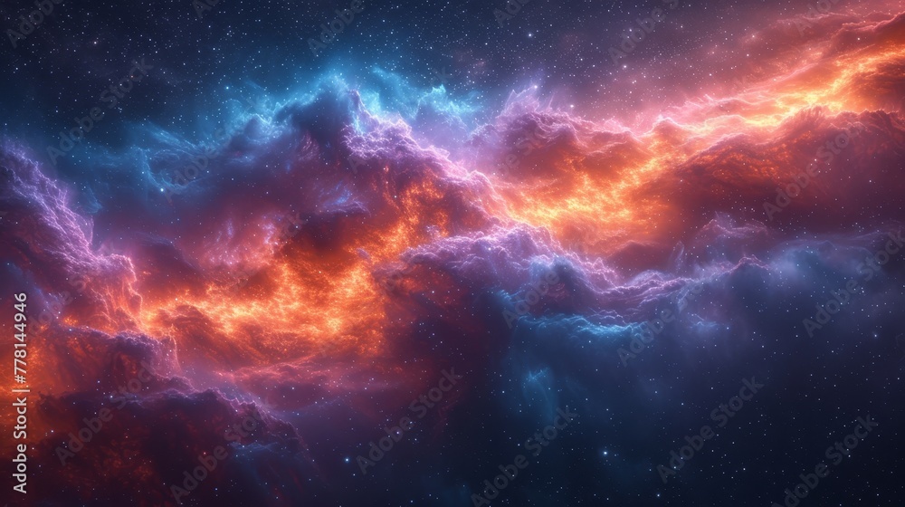 a computer generated image of a red and blue space filled with stars and clouds, with a bright orange and blue star in the center of the image.