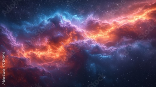 a computer generated image of a red and blue space filled with stars and clouds  with a bright orange and blue star in the center of the image.