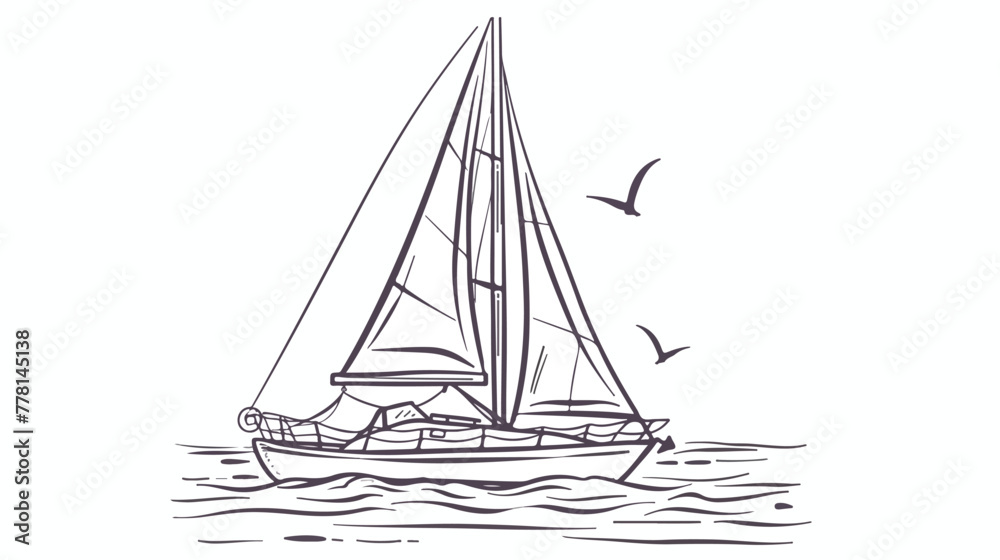 Sailing yacht in the sea icon. Line doodle sketch. Ed