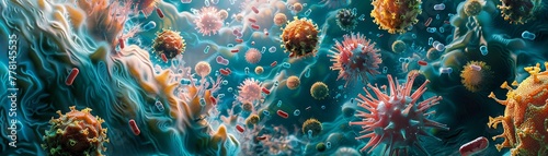 Artistic rendition of gut bacteria flourishing in an organic environment resembling an underwater coral reef photo