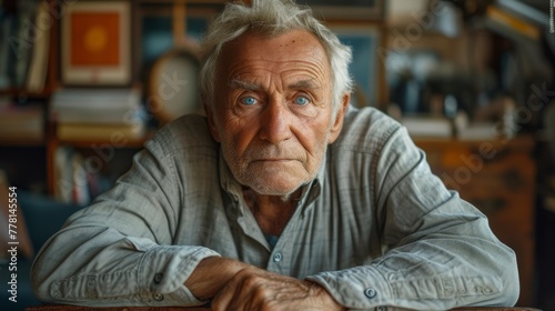 an old man sitting at a table with his hands on the table and looking at the camera with a serious look on his face.