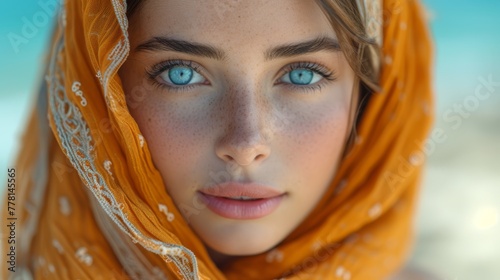 a close up of a woman with blue eyes wearing a yellow head scarf and a yellow scarf around her head.