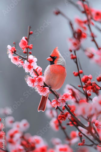 A red cardinal perched on a branch of a cherry blossom tree