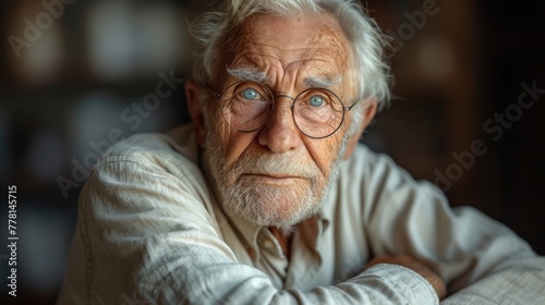 an old man with glasses and a white shirt is looking at the camera with a serious look on his face.