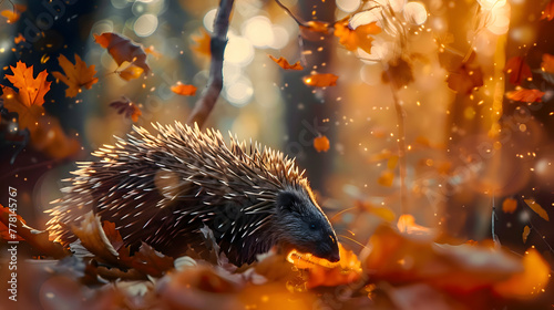 A porcupine nestled among autumn foliage, its quills shimmering in the dappled light against a dreamy, blurred forest backdrop © MistoGraphy