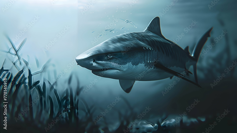 Fototapeta premium A powerful tiger shark emerging from the depths, its sleek form contrasting against the softly blurred ocean backdrop