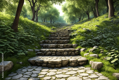 Ancient stone staircase footpath in hilly Park. Moss covered stairs in mountain rock. Cozy backgrounds for site or large-resolution wallpaper. Concept of travel  tourism and adventure. Copy space