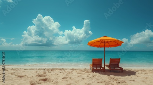 a couple of chairs sitting under an umbrella on top of a sandy beach under a blue sky with white clouds.
