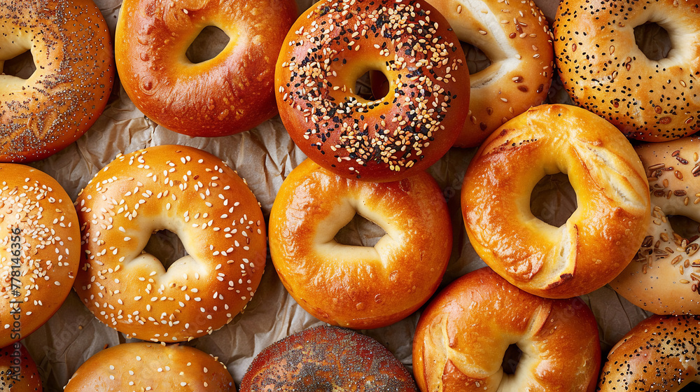 Variety of freshly baked bagels plain with sesame and poppy seeds top view. Bread making comfort food concept Variety of freshly baked bagels plain with sesame and poppy seeds top view. Bread making comfort food concept