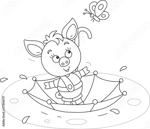 Funny little pink piglet floating in its striped toy umbrella through a large puddle after warm summer rain, black and white vector cartoon illustration for a coloring book