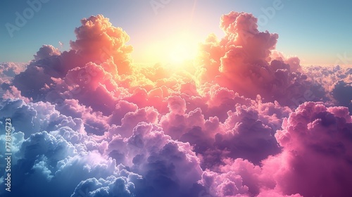 the sun shines brightly through the clouds in a blue, pink, and purple hued sky above the clouds. photo