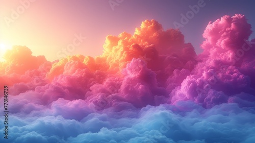a group of clouds in the sky with the sun setting in the sky behind them and a pink and blue cloud in the middle of the sky. photo
