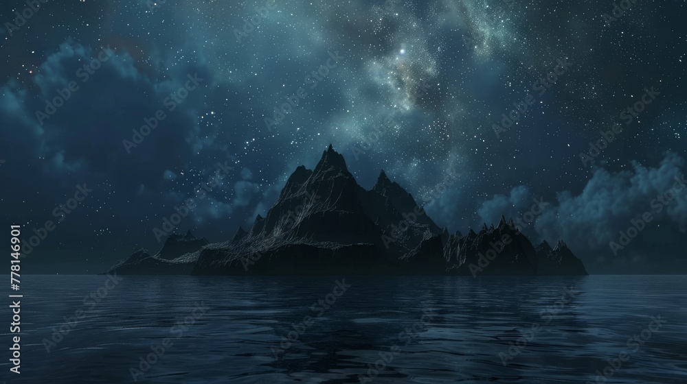 Majestic mountain peaks rise sharply from dark waters, silhouetted against a vast night sky glittering with countless stars.