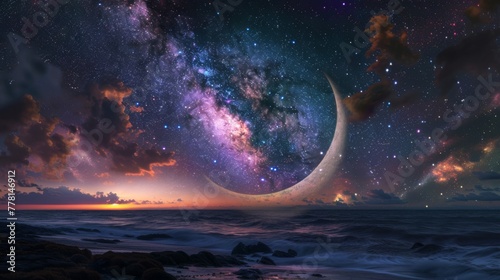 A digital vision of a crescent moon hanging over the ocean's horizon, as a sunset gives way to a cosmic nebula-filled sky. photo