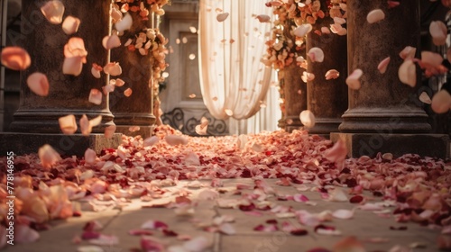 Abstract patterns of a wedding exit with rose petals