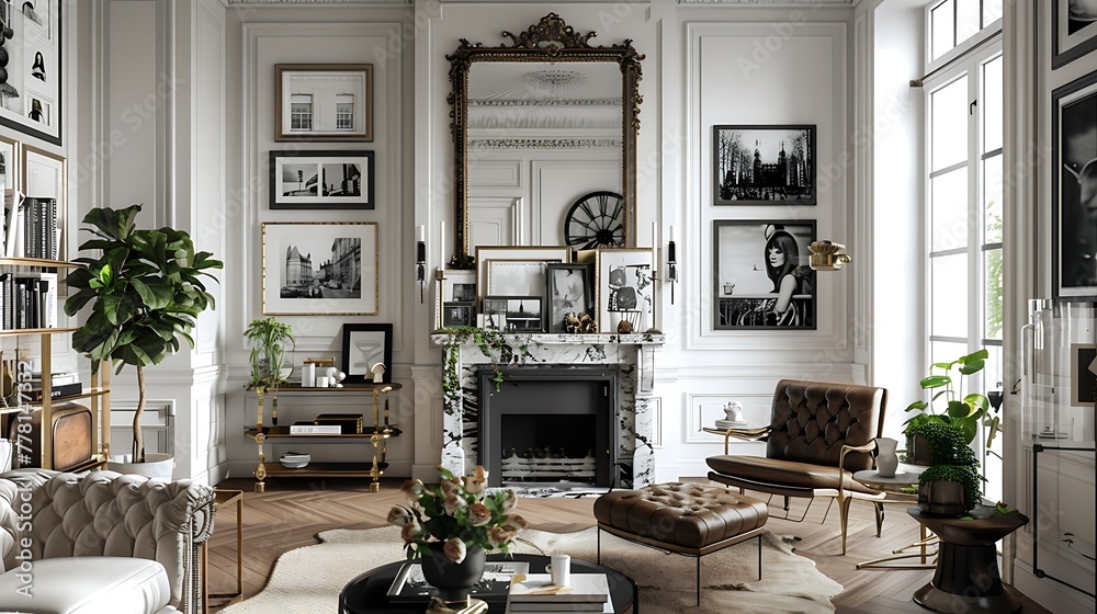 A stylish retro living room with a tufted leather armchair, a brass-framed mirror above a marble fireplace, and a gallery wall of black-and-white photographs