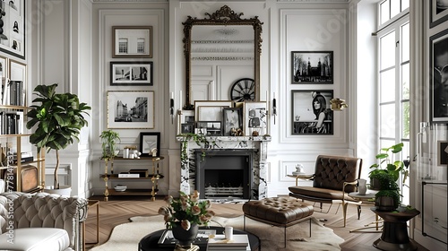 A stylish retro living room with a tufted leather armchair, a brass-framed mirror above a marble fireplace, and a gallery wall of black-and-white photographs © SHAPTOS