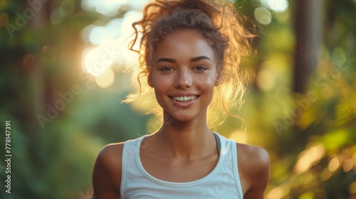 a close up of a person wearing a white tank top and smiling at the camera with trees in the background.