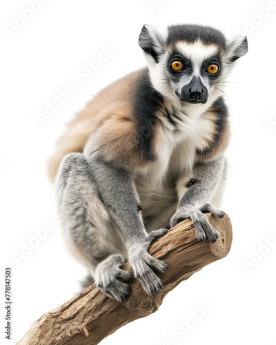 Ring-tailed lemur sitting on a tree branch, isolated background