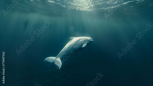 A solitary beluga whale swimming serenely amidst a vast expanse of ocean, with copy space for text to emphasize its magnificence