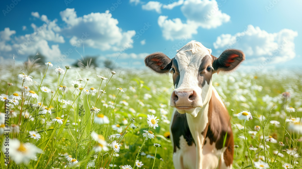 Beautiful cow in a meadow with daisies against the sky.