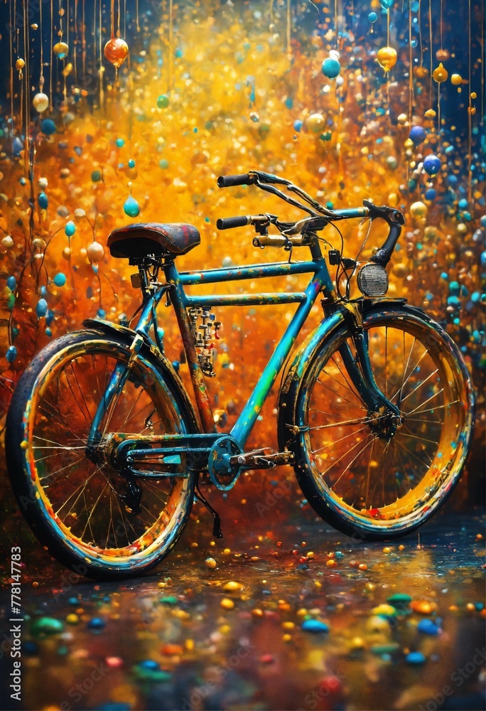 A stunning interpretation of old bicycle made of paint drops, advertisement, solarpunk, highly detailed and intricate, golden ratio, very colorful, hyper minimalist, ornate, luxury, paint splats