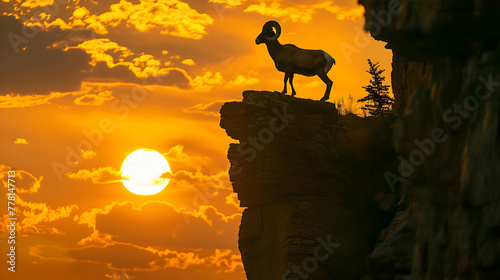 A solitary Bighorn sheep navigating a narrow cliffside ledge  its silhouette highlighted against the warm glow of a setting sun