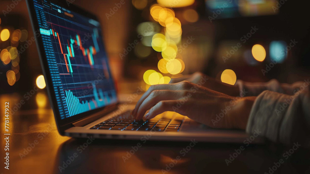 Close up of woman's hands typing on laptop keyboard with trading chart showing stock market Close up of woman's hands typing on laptop keyboard with trading chart showing stock market