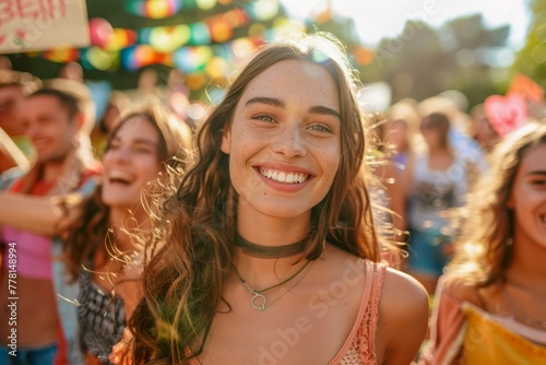 Joyful Young Woman Smiling During Summer Festival with Friends, Enjoying Music and Celebrations in Sunlit Outdoor Setting