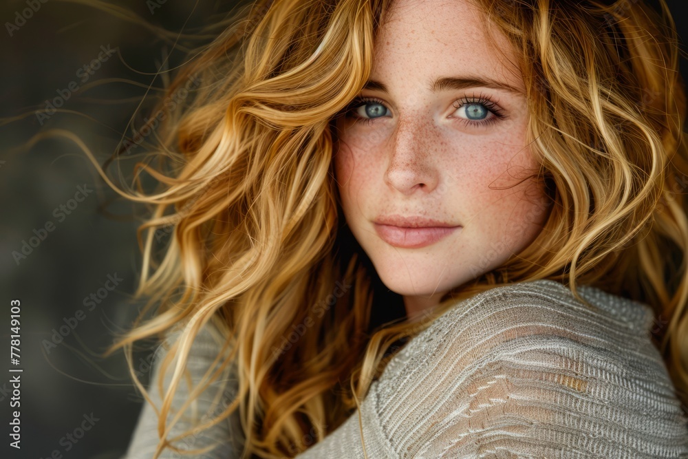Radiant Young Woman with Flowing Blonde Hair and Deep Blue Eyes, Portrait of Beauty and Elegance Radiant Young Woman with Flowing Blonde Hair and Deep Blue Eyes, Portrait of Beauty and Elegance