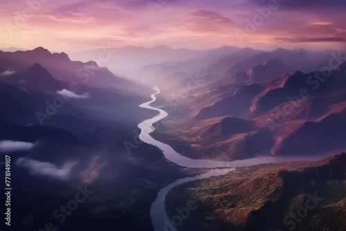 Serene landscape of steep mountains and winding rivers shrouded in mist in the early morning. Generative AI. © Surachetsh