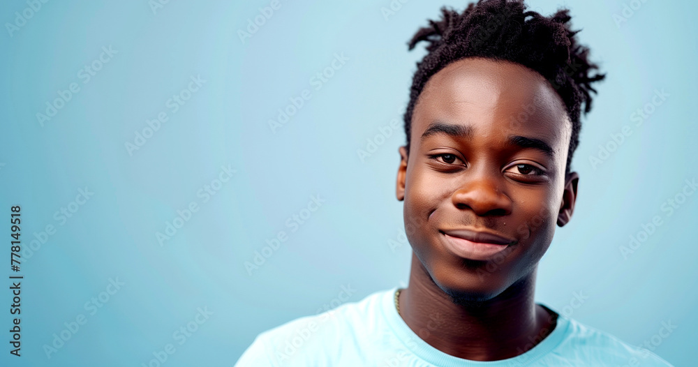 Obraz premium A portrait of a happy African American man on a studio blue background.