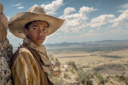 Thoughtful teenager in cowboy attire gazing into the distance with a scenic landscape backdrop