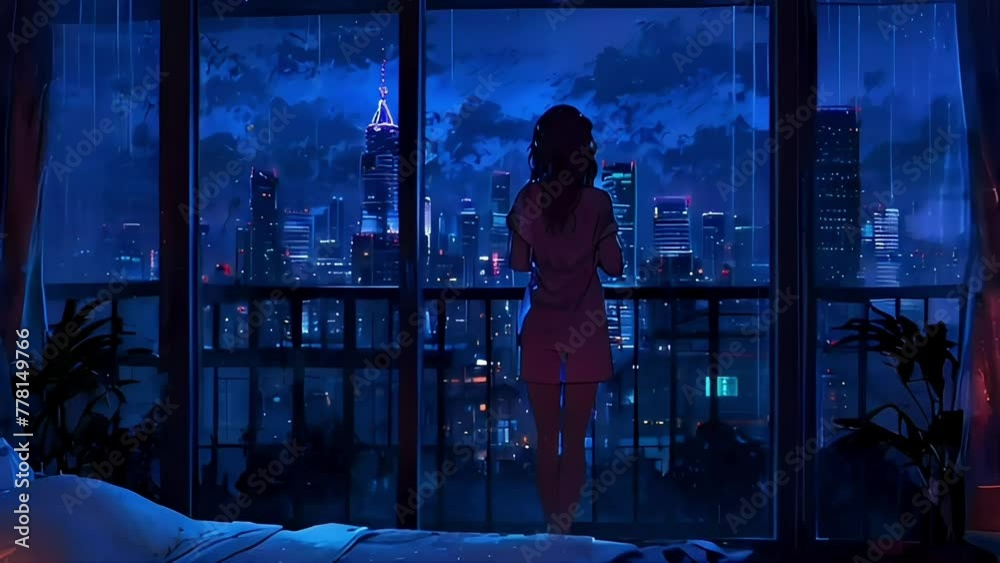Lofi animation. Seamless loop. The girl is standing in the bedroom looking at the city being hit by rain at night from the window, cartoon anime, neon light effects.