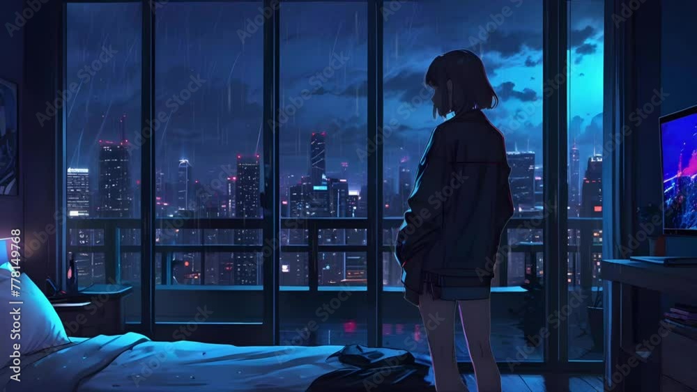 Lofi animation. Seamless loop. The girl is standing in the bedroom looking at the city being hit by rain at night from the window, cartoon anime, neon light effects.