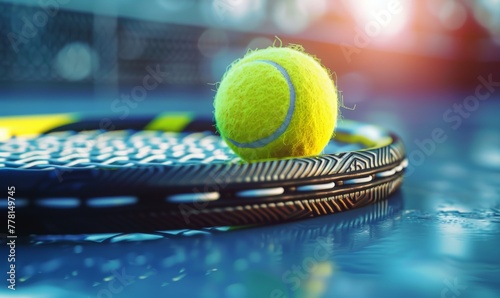 Close up of a tennis ball on the racket. Perfect image for sports and active lifestyle themes. © AIExplosion