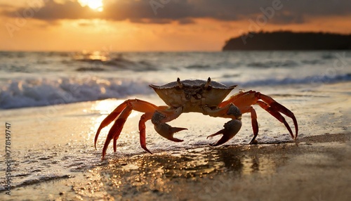At the water's edge, a diminutive crab strolls, bathed in the hues of the setting sun. photo