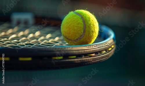 Close up of a tennis ball on the racket. Perfect image for sports and active lifestyle themes. © AIExplosion