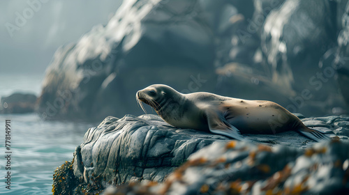 A solitary sea lion resting on a rocky outcrop, framed by a blurred seascape that accentuates its peaceful presence in the natural habitat