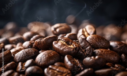 Close-up of roasted coffee beans, highlighting the rich texture and depth of color, perfect for capturing the essence of coffee. 
