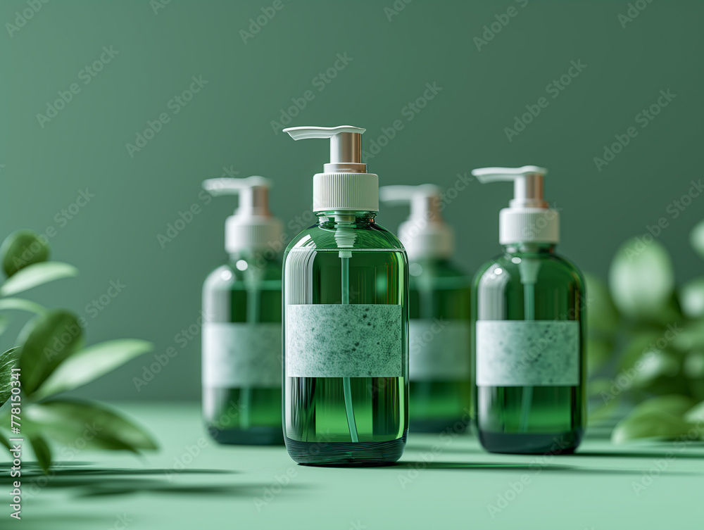 Green Eco-Friendly Soap Dispensers Mockup. Mockup of a set of green, eco-friendly soap dispensers on a matching background, perfect for modern bathrooms. Green Eco-Friendly Soap Dispensers Mockup. Mockup of a set of green, eco-friendly soap dispensers on a matching background, perfect for modern bathrooms.
