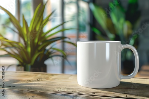 White blank coffee mug on the top of wooden table and blurred interior with potted green plant background. Blank coffee cup mug mockup template.