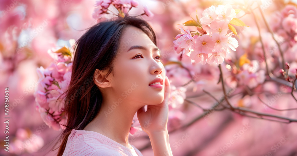 A young Asian woman is enjoying the beauty of the cherry blossom on a cherry tree.
