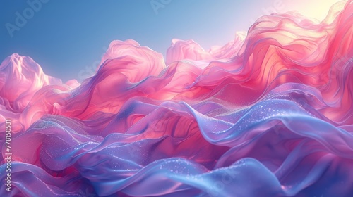 a computer generated image of a wave of pink and blue fabric on a blue background with a sun in the distance.