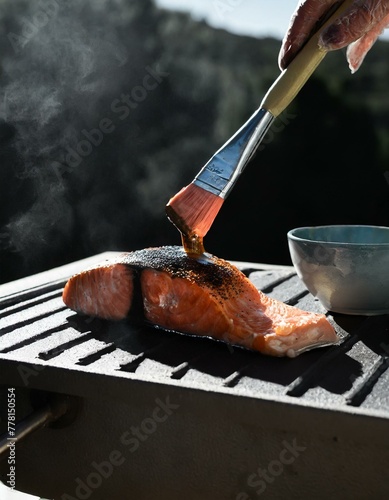 A glazed salmon steak grilling on a barbecue, with a brush and a bowl of glaze nearby, capturing the moment of brushing more glaze onto the salmon under the open sky