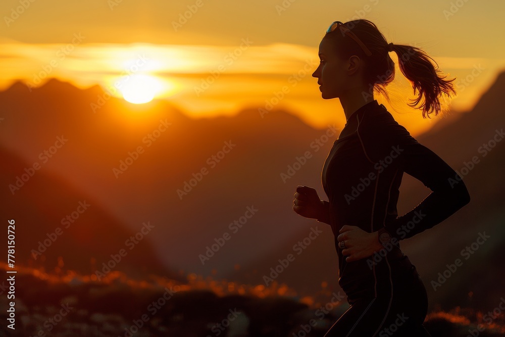 Woman Running on Road at Sunset