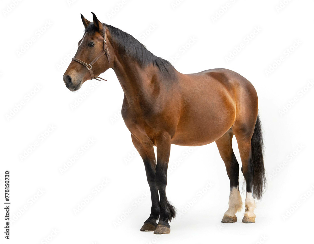 braunes Pferd auf vier beinen isoliert auf weißen Hintergrund, Freisteller braunes Pferd auf vier beinen isoliert auf weißen Hintergrund, Freisteller