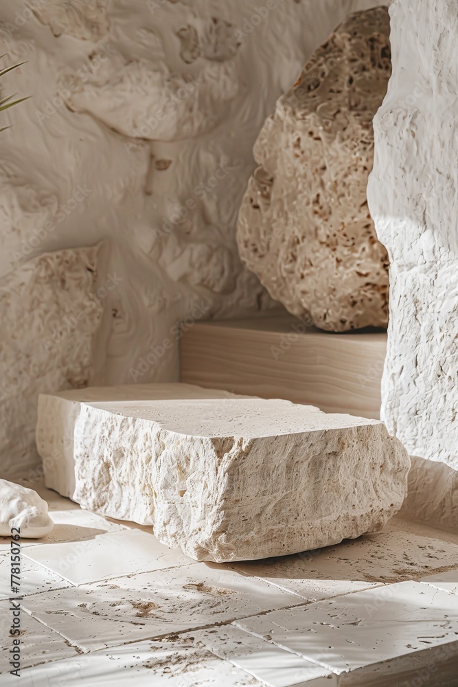 A high end e-commerce photoshoot, premium background, no products, very minimalistic, stone blocks, white and cold tones A high end e-commerce photoshoot, premium background, no products, very minimalistic, stone blocks, white and cold tones