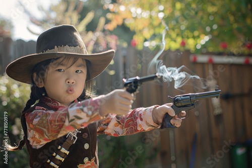 Young Asian girl dressed as a cowgirl playing with a toy gun in the backyard